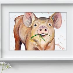 Pig Painting Watercolor Wall Decor 8"x11" home art animals watercolor painting by Anne Gorywine