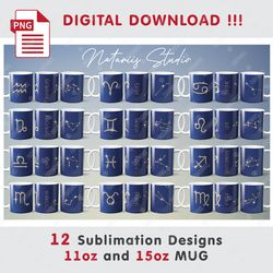 12 Zodiac Signs with Constellations Sublimation Patterns - 11oz 15oz MUG - Digital Mug Wrap