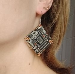 Cyberpunk earrings square Tech geek gift for her Large circuit board earrings Geeky earrings
