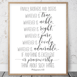 Whatever Is True Whatever Is Noble, Philippians 4:8, Kid Bible Verses, Printable Wall Art, Scripture Prints, Christian