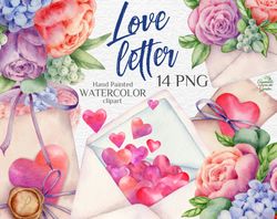 Valentine's Day decoration. Watercolor clipart. Red hearts, flowers, envelopes. Love notes. wishes, cards. Printable PNG