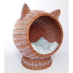 Cozy wicker cat bed Brown cat house Wicker cat basket Bed with ears Pet bed for cat Cat bed cave Cat bed cute Cat bed fu