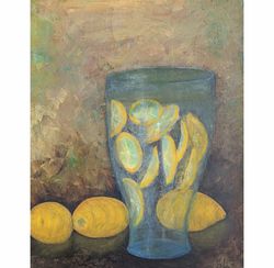 Lemonade Glass Oil Painting Original Painting Still Life Lemon Handmade Wall Art 20x16 inch