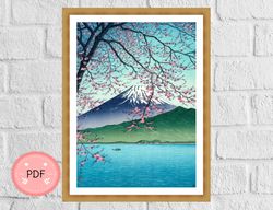 Mount Fuji Cross Stitch Pattern,Cherry Blossom,Kawase Hasui, Pdf Format,Instant Download,Japanese Art,Ukiyoe Style