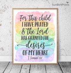 For This Child I Have Prayed, 1 Samuel 1:27, Bible Verse Printable Art, Scripture Prints, Christian Gifts, Kid Room