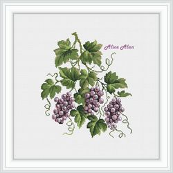 Cross stitch pattern kitchen Bunch of grapes Grape leaves berries wine still life panel counted crossstitch patterns PDF