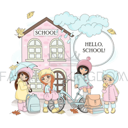 HELLO SCHOOL Girl Children Cartoon Vector Illustration Set