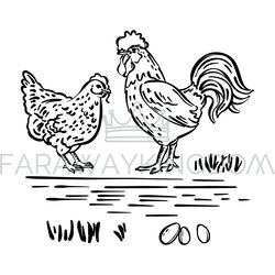 HEN COCK And Eggs Monochrome Sketch Farm Vector Illustration