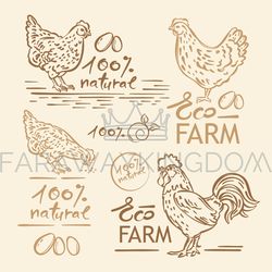 HEN COCK HAND DRAWN FARM SKETCH Lettering Vector Logo Set