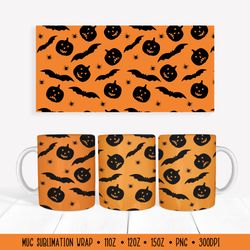 Halloween Pumpkins and Bats Mug Wrap Sublimation Design