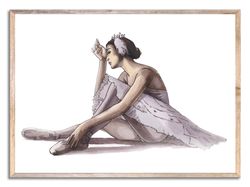 Ballet Dancer Art Print Ballerina Watercolor Painting White Swan Ballet Wall Art Neutral Beige and Purple