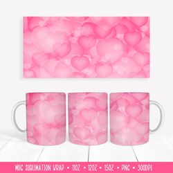 Pink Hearts Background Mug Sublimation Wrap. Valentines Mug  Design