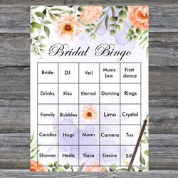 Bridal Shower Bingo Cards,Floral Bridal Bingo Cards,Pastel Flowers Bridal Bingo Cards,60 Printable Bridal Shower Bingo
