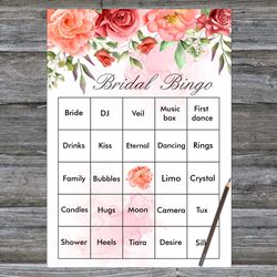 Bridal Shower Bingo Cards,Floral Bridal Bingo Cards,Red Rose Bridal Bingo Cards,60 Printable Bridal Shower Bingo-64