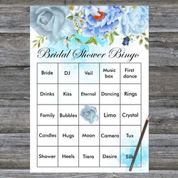 Bridal Shower Bingo Cards,Floral Bridal Bingo Cards,Blue Flowers Bridal Bingo Cards,60 Printable Bridal Shower Bingo-66