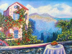 Italian Landscape Painting Original Art Italian Oil Painting on Canvas Bougainvillea Original Painting 40x30 cm