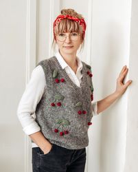 Handmade knitted Women's vest with embroidered cherries. Soft alpaca wool Sleeveless sweater. Winter and spring clothing