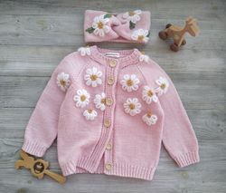 Personalized knit cardigan  with baby name on the back.  Handmade wool sweater with embroidered flowers.  Gift for girls