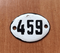 Soviet enamel metal number sign 459 white black address door plate vintage