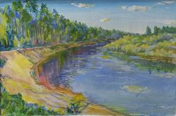 Painting "Turn of the river", landscape in acrylic on canvas size 24x18 inches (60x45 cm), light blue painting for wall.