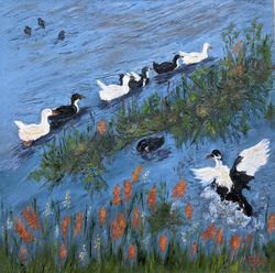 Wild Ducks Oil Painting Original Art Summer Day Wall Art Pond Migratory Birds Ducks 12x12 inches