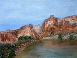 Canyons Oil Painting Original Art Sandy Canyons Wall Art Mountain Landscape National Park Pond Water 12x16 inches