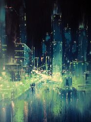 Cyberpunk Painting ORIGINAL OIL PAINTING on Canvas, Modern City Original Art by "Walperion Paintings"
