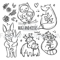 HUGS AND KISSES Monochrome Cartoon Vector Illustration Set