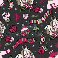 HYGGE COW KNITS SWEATER Christmas Bull Seamless Pattern Vector