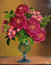 Pink Roses painting a vase Floral painting on canvas 20x16 inches Artwork painting Original oil painting Wall Art