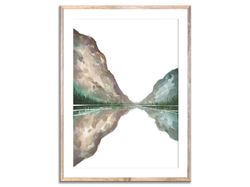 Maroon Bells Art Print Colorado Landscape Mountain Lake Abstract Watercolor Painting Tail Blue and Beige