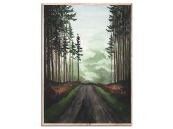 forest road print foggy forest watercolor painting pine trees art smoky landscape wall art olive green landscape