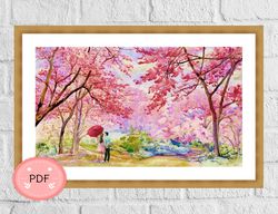 Cherry Blossom Cross Stitch Pattern , Japanese Garden , Pdf File , Romantic Couple , Asian Style,Cherry Blossom Love