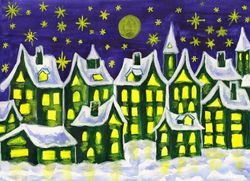 Winter landscape fairy Dreams town in green colour, watercolor painting