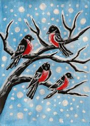 Bullfinches on branch winter watercolor painting