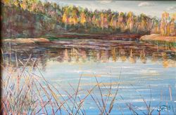 Painting "River in the summer forest", landscape painting with acrylic on canvas size 26x18d, beautiful views of nature.