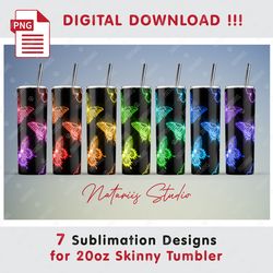 7 Neon Butterflies Sublimation Patterns - 20oz SKINNY TUMBLER - Full tumbler wrap