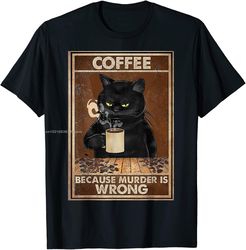 Black Cat Drinking Coffee Funny Tshirt