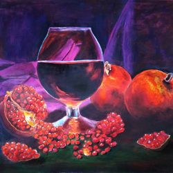 Original handmade acrylic painting Ripe Pomegranate and Wine Glass Fruit Wall Art Restaurant Painting Kitchen Wall Decor