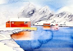 Original watercolor painting, Fishing House Norwegian, 11 by 14 inches.