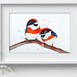 Red-headed long tailed tit original birds watercolor, bird painting bird watercolor art by Anne Gorywine