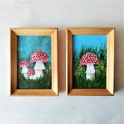 Mushroom Painting Set of 2 paintings Fly Agaric Impasto Painting Wall Decor Toadstool Small Painting Artwork