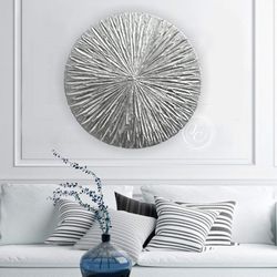 Silver Abstract Wall Art Round Original Painting Textured artwork on round canvas | Silver Leaf Art Modern wall decor