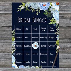 Bridal Shower Bingo Cards,Blue Floral Bridal Bingo Cards,Blue Flowers Bridal Bingo Card,60 Printable Bridal Shower Bingo