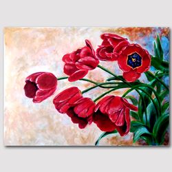 Original handmade acrylic painting Spring red tulips Floral Wall Art Living room Wall Decor