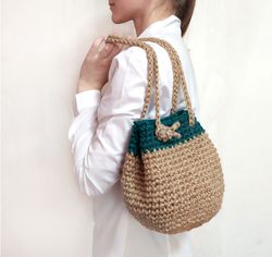 Bucket bag Crochet jute bag Drawstring bag Fancy bag Crochet sac Small shoulder bag with green top Mini backpack