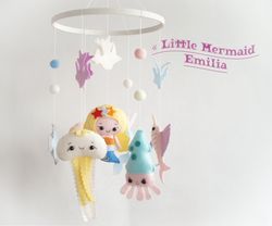 mermaid baby mobile, girl baby mobile, pink baby mobile, nursery baby mobile, crib baby mobile, ocean cot mobile