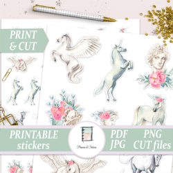 Unicorn printable planner stickers Gold glitter unicorn prints Die cut stickers Pink unicorn face clipart Cut file