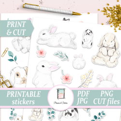 Cute Bunny Die Cut, Printables Watercolor Rabbits Stickers for Kids, Planner Decor, Bujo Journal, Scrapbooking Elements