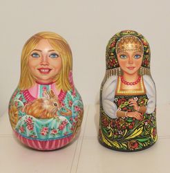 Nevalyashka Russian Girl with Rabbit - music roly poly wooden doll hand painted